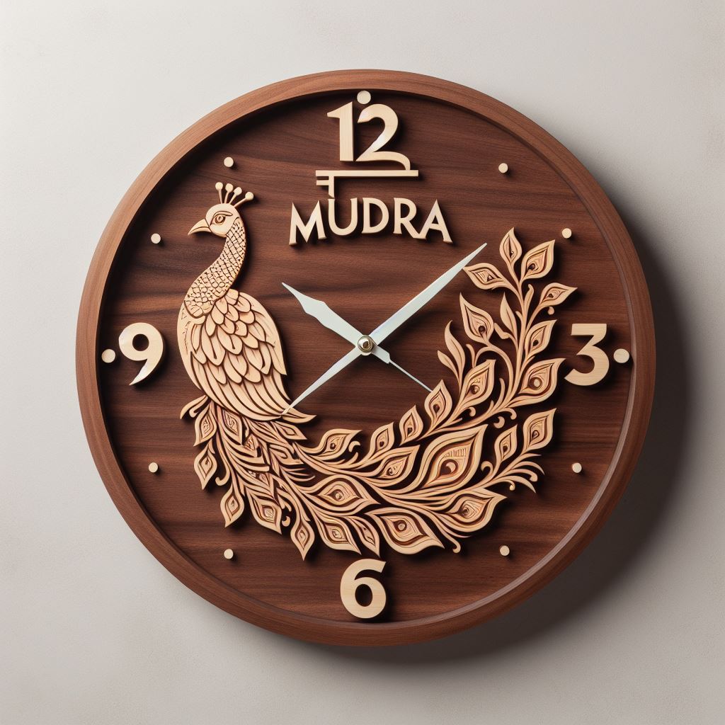 Rajwadi wooden wall clock with a peacock 2