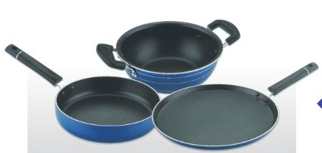 3 Pcs. Gift Set Alfa Series Dosa Tawa (270 Mm), Deep Kadai (240 Mm), Fry Pan (240 Mm) With Glass Lid