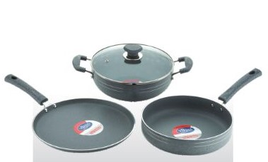 3 Pcs. Gift Set Dosa Tawa (270 Mm), Kadai (240 Mm), Fry Pan (240 Mm) With Glass Lid