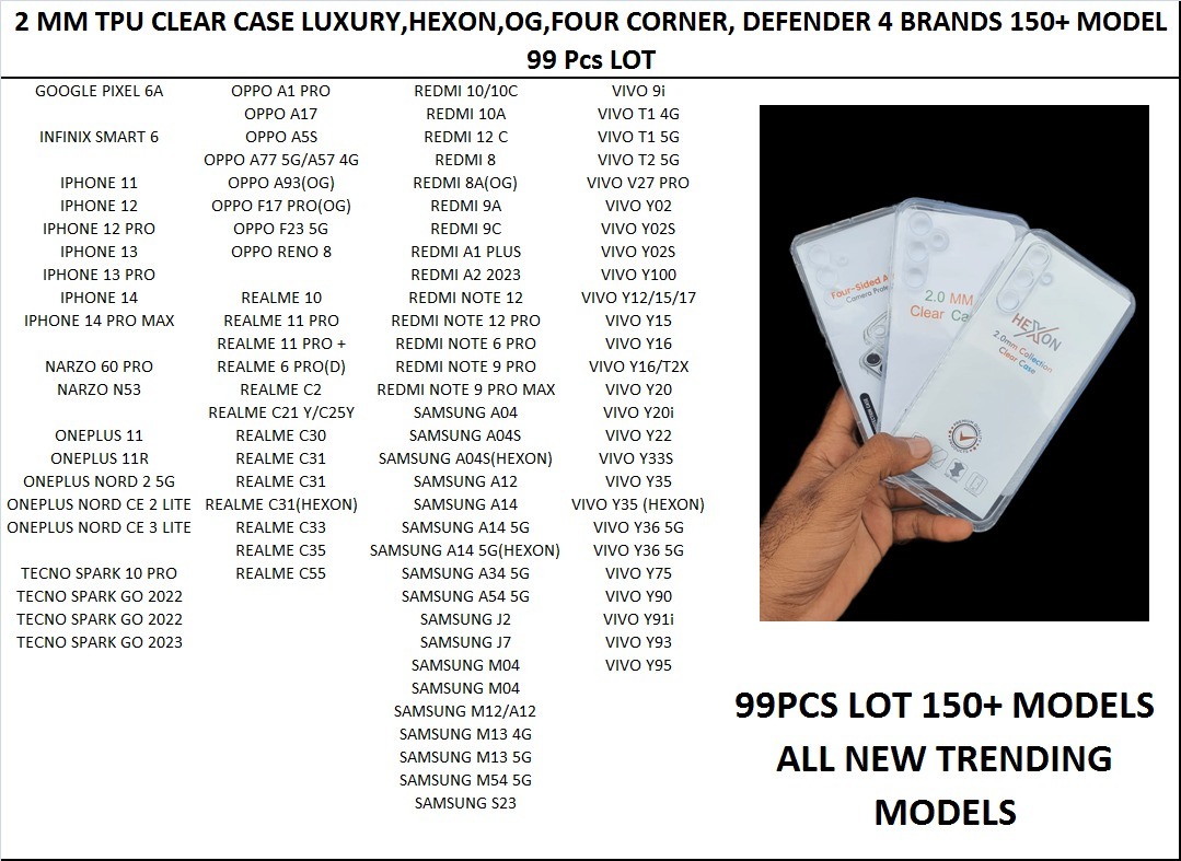 2 MM TPU CLEAR CASE LUXYRY,HEXON, DEFENDER, OG, FOUR CORNER MIXED 150+ MODEL -99PCS LOT